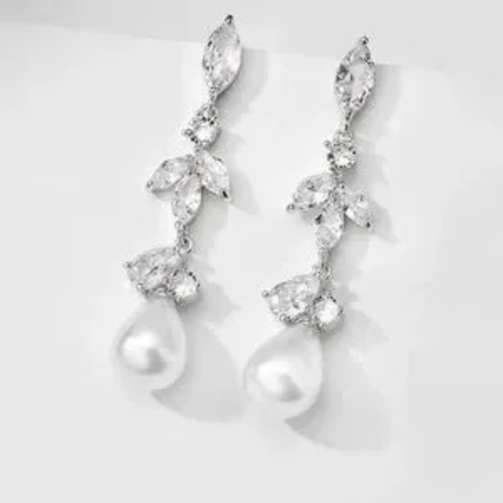 Cubic Zirconia Water Drop Pearl Dangle?Bride Earrings